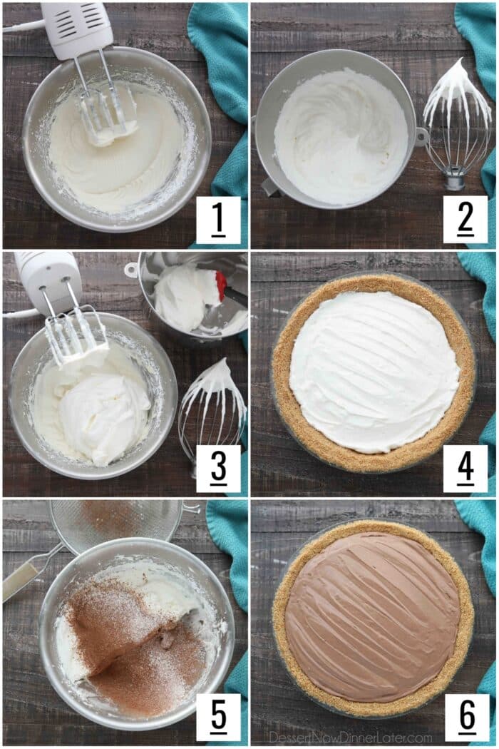Six image collage of steps to make Chocolate Cream Cheese Pie.