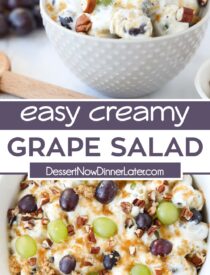 Pinterest collage for Creamy Grape Salad with two images and text in the center.