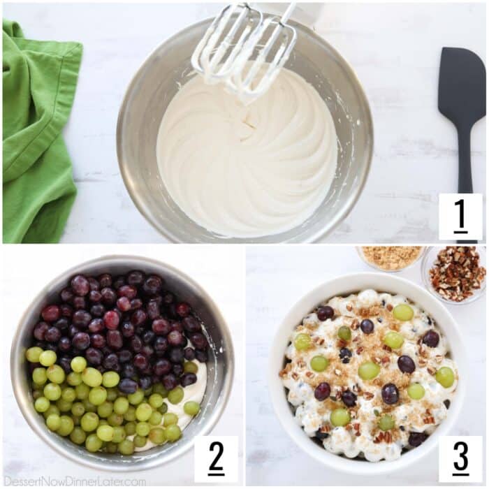 Three image collage to make grape salad. Beat cream cheese mixture. Add grapes. Stir and top with brown sugar and pecans.