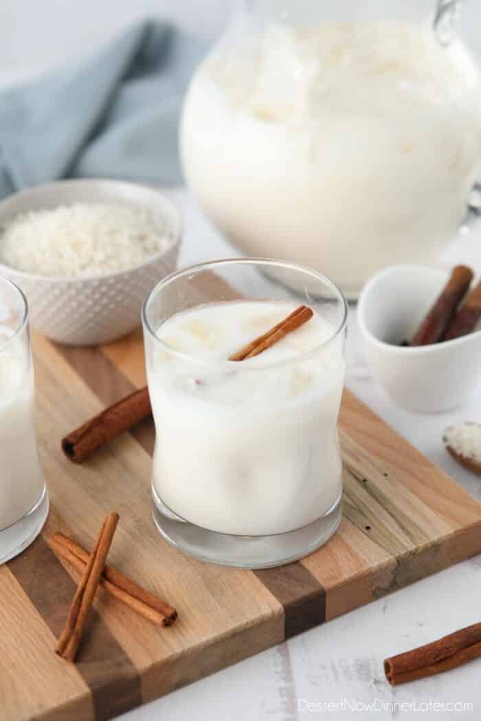 Front view of a glass of horchata (rice milk).