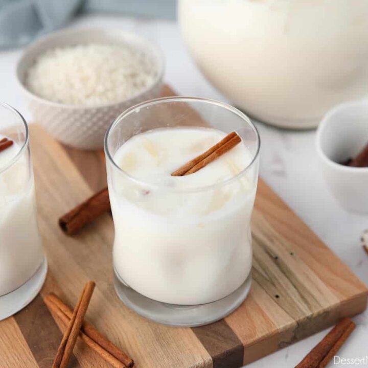 Glasses of horchata made with rice and cinnamon sticks.