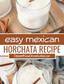 Pinterest collage for Horchata Recipe with two images and text in the center.