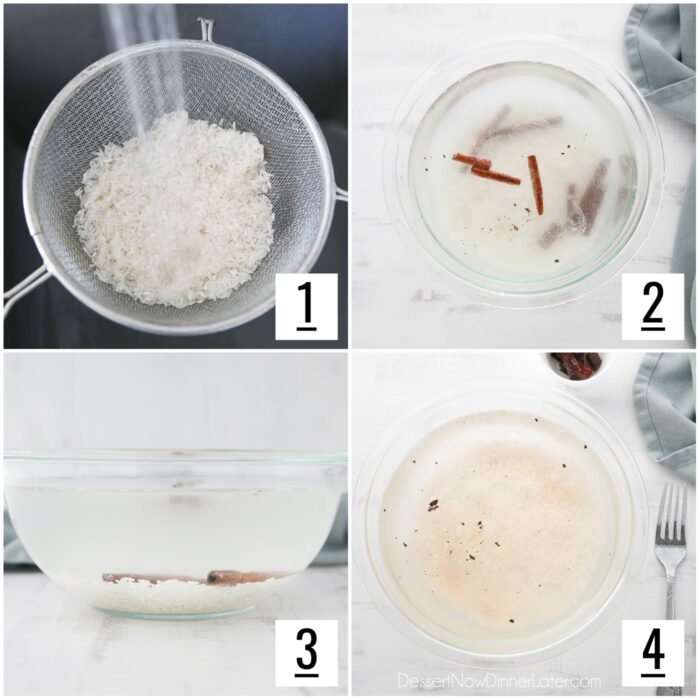 Steps to make Mexican horchata. 1- Rinse and drain rice. 2- Combine rice with water and cinnamon sticks. 3- Cover and soak overnight. 4- Remove cinnamon sticks before blending rice mixture.