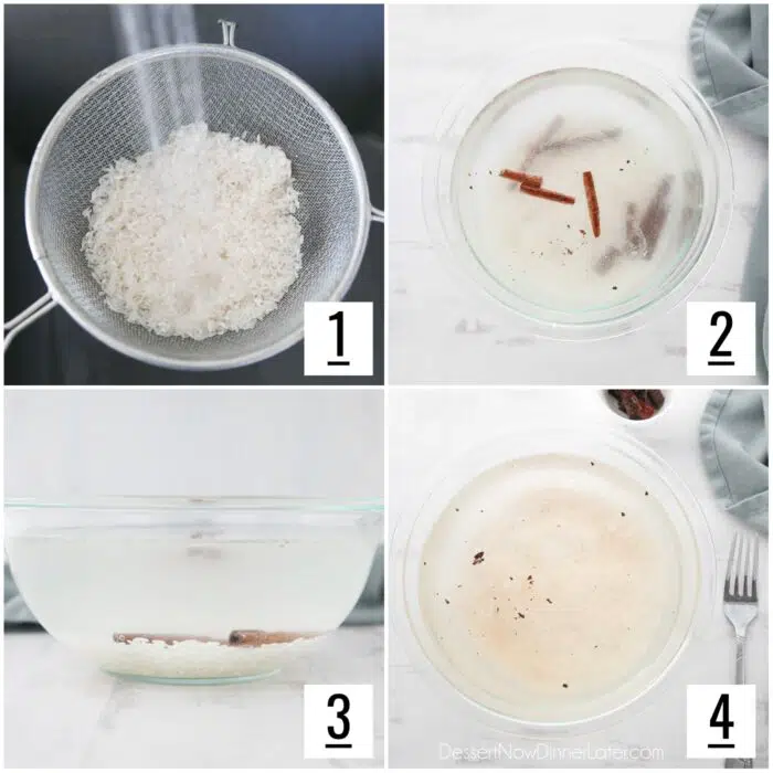 Steps to make Mexican horchata. 1- Rinse and drain rice. 2- Combine rice with water and cinnamon sticks. 3- Cover and soak overnight. 4- Remove cinnamon sticks before blending rice mixture.