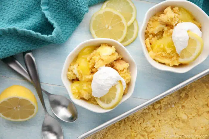 Top view of bowls filled with lemon dump cake.