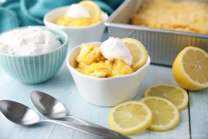 A bowl of lemon pie filling, cream cheese, and cake mix that was baked together.