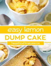 Pinterest collage for Lemon Dump Cake with two images and text in the center.