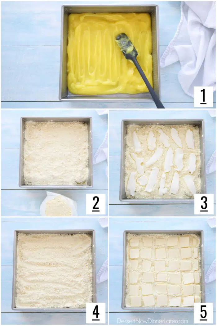 Steps to make lemon dump cake with lemon pie filling, cream cheese, yellow cake mix, and butter.