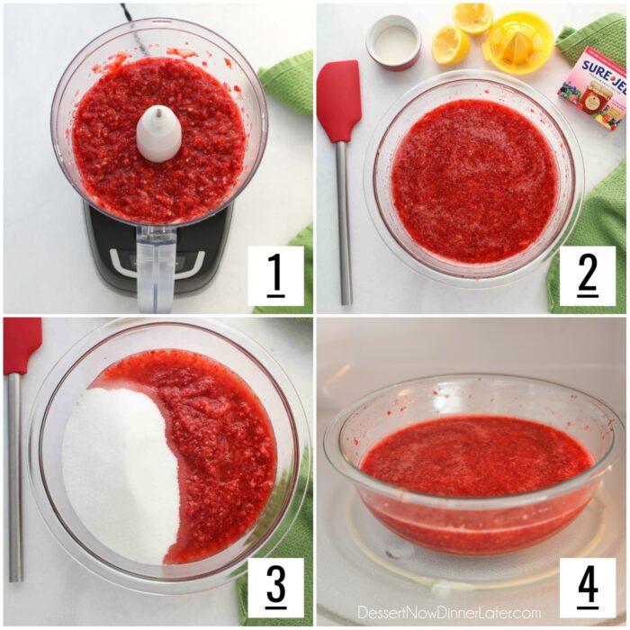 Four image collage of recipe steps to make strawberry jam. 1- Crush strawberries in food processor. 2- Add pectin and lemon juice. 3- Add sugar. 4- Cook in microwave.