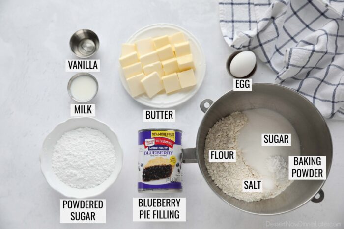 Labeled ingredients for Blueberry Pie Bars.