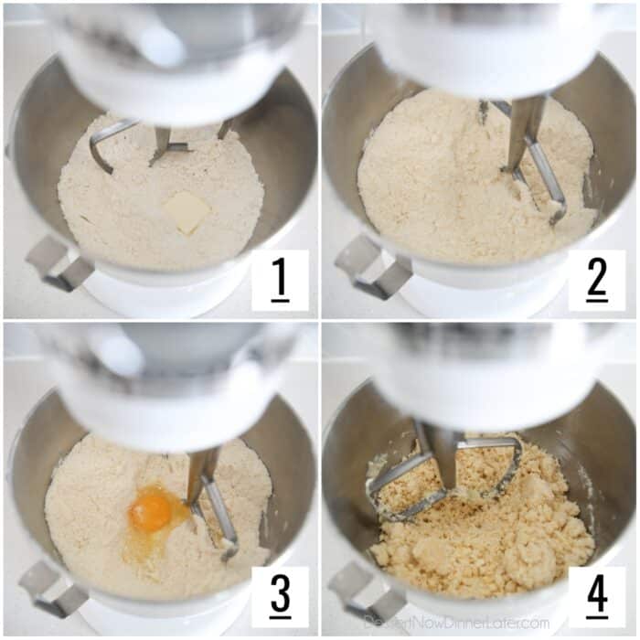 Four image collage of steps to make the crust and crumb topping.