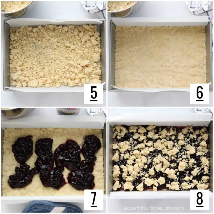 Four image collage of steps to assemble the blueberry pie bars.