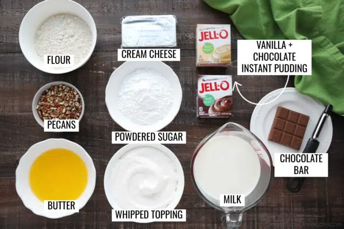 Labeled ingredients for Chocolate Delight dessert.