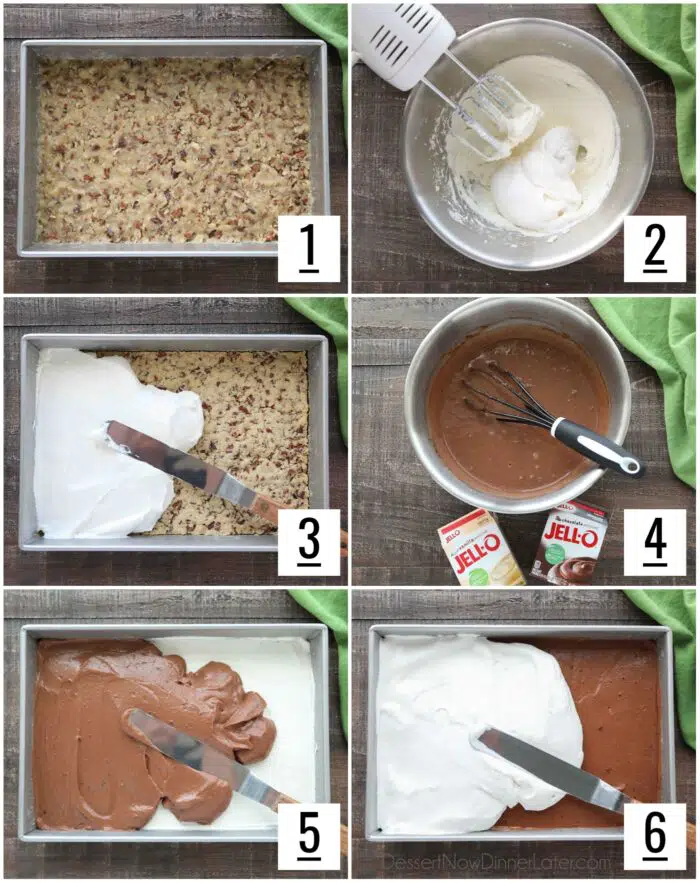 Six image collage with recipe steps to make chocolate delight dessert.