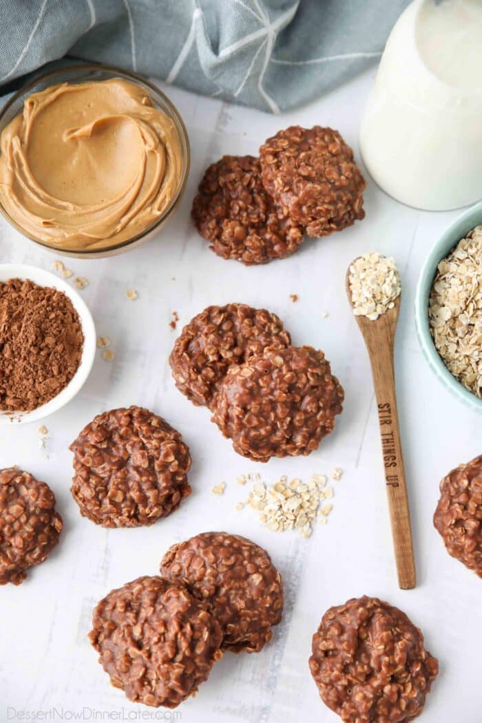 Classic peanut butter chocolate no bake cookies with oats.