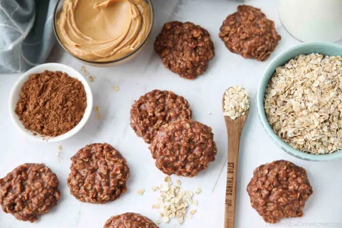 Easy no bake cookies with peanut butter, cocoa powder, and oats.