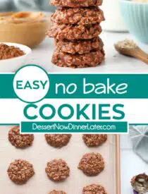 Pinterest collage for Easy No Bake Cookies with two images and text in the center.