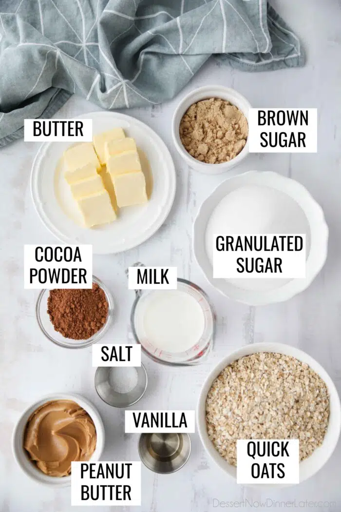 Labeled ingredients for no bake cookies.