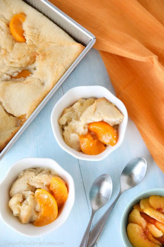 Baked peach cobbler made with canned peaches.