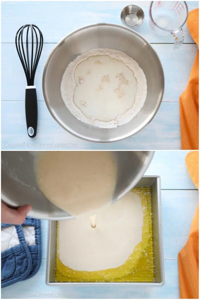 Two image collage. Top: Bowl of cake batter ingredients. Bottom: Pouring cake batter into pan of melted butter.