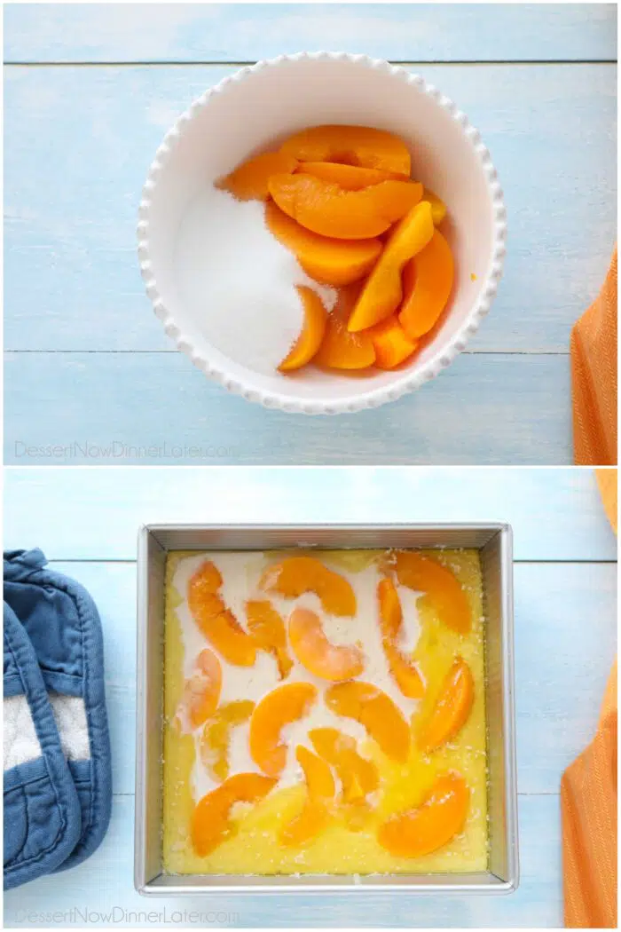 Two image collage. Top: Canned peaches and sugar in a bowl. Bottom: Peach slices added to pan of cake batter and butter.