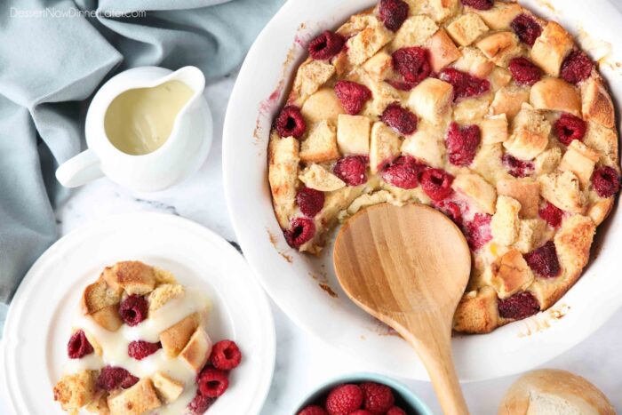 Baked french toast casserole with raspberries.