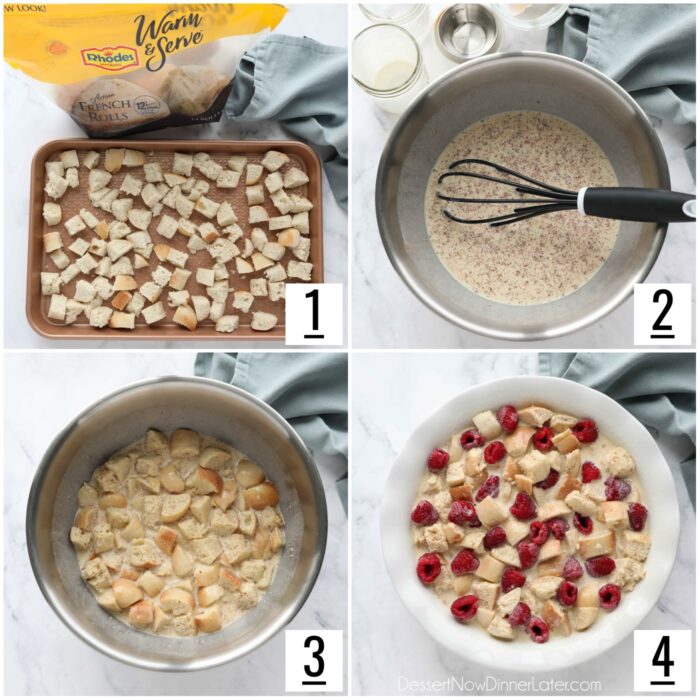 Four image collage of steps to make raspberry bread pudding.