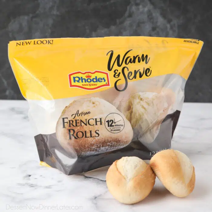 Package of Rhodes Warm & Serve French Rolls with a couple rolls outside of the package.