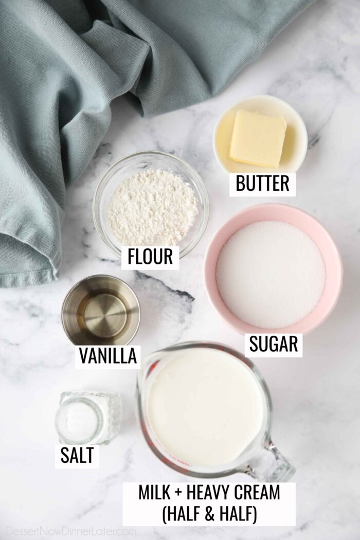 Labeled ingredients for vanilla cream sauce.