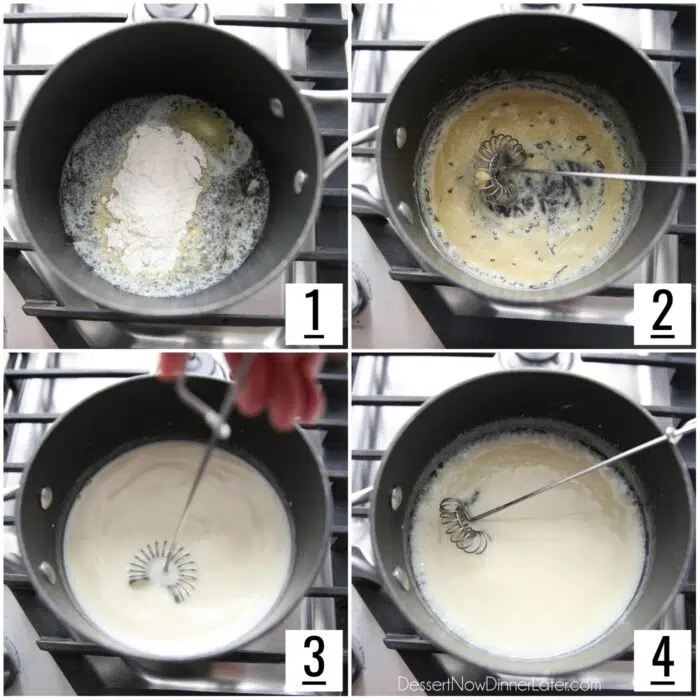 Four image collage of steps to make vanilla cream sauce.