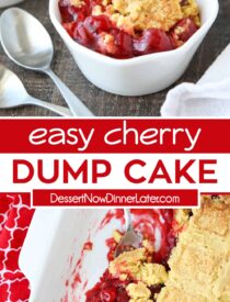 Pinterest kolāža Cherry Dump Cake ar diviem attēliem un tekstu centrā.