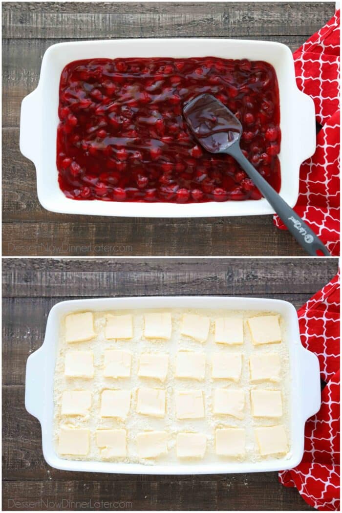 Two image collage. Top: Cherry pie filling in 13x9-inch pan. Bottom: Yellow cake mix topped with slices of butter.