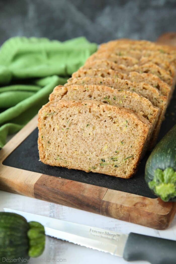The best zucchini bread sliced on a tray.