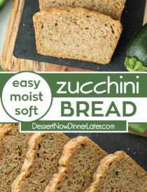 Pinterest collage for Zucchini Bread with two images and text in the center.