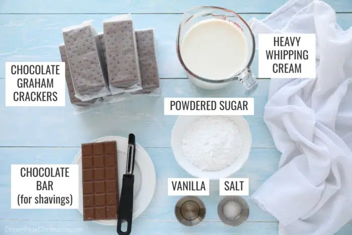 Labeled ingredients for icebox cake recipe.