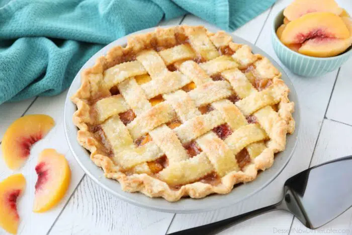 Peach pie made with frozen peaches.