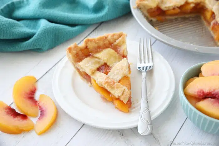 Slice of homemade peach pie.