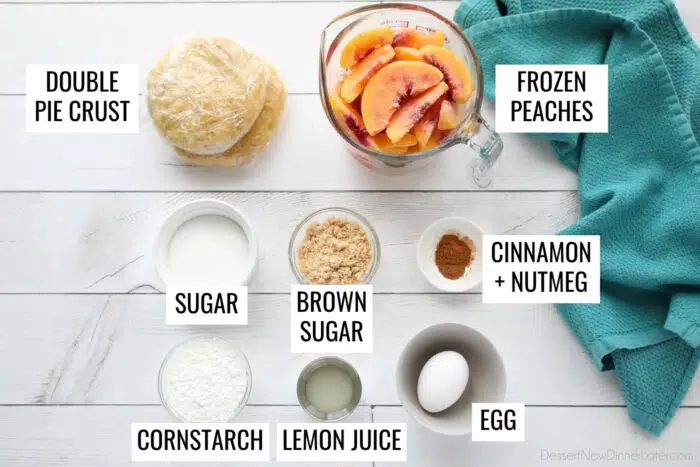 Labeled ingredients for peach pie recipe with frozen peaches.