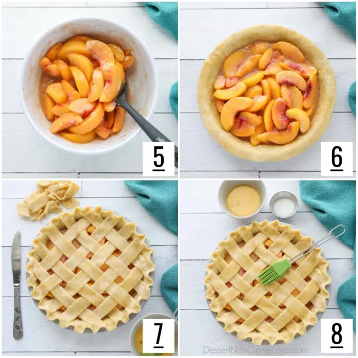 Steps to assemble peach pie filling and lattice crust.