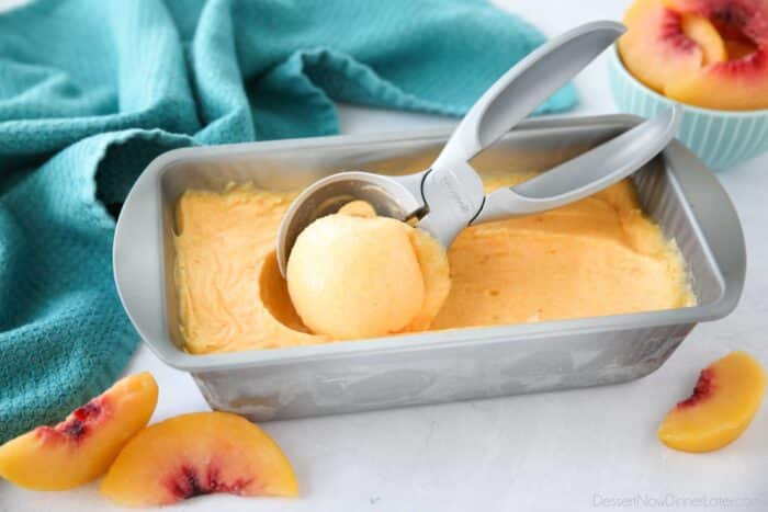 Peach Sorbet without ice cream maker, frozen in a bread pan.