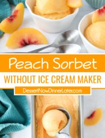Pinterest collage til Peach Sorbet med to billeder og tekst i midten.