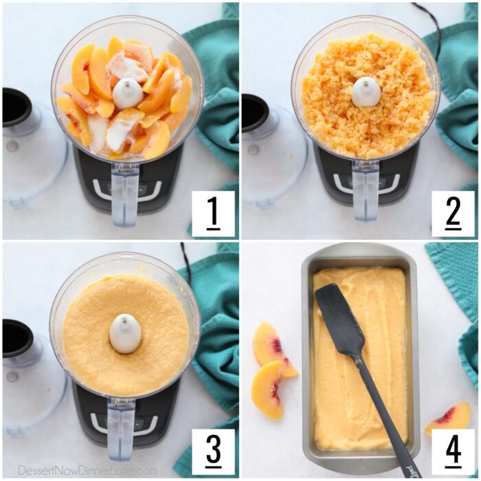 Collagebillede af trin til fremstilling af ferskensorbet.