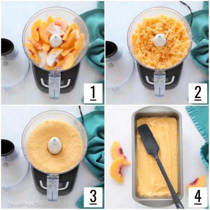 Collage image of steps to make peach sorbet.
