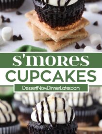 Pinterest-Collage für S'mores Cupcakes mit zwei Bildern und Text in der Mitte.