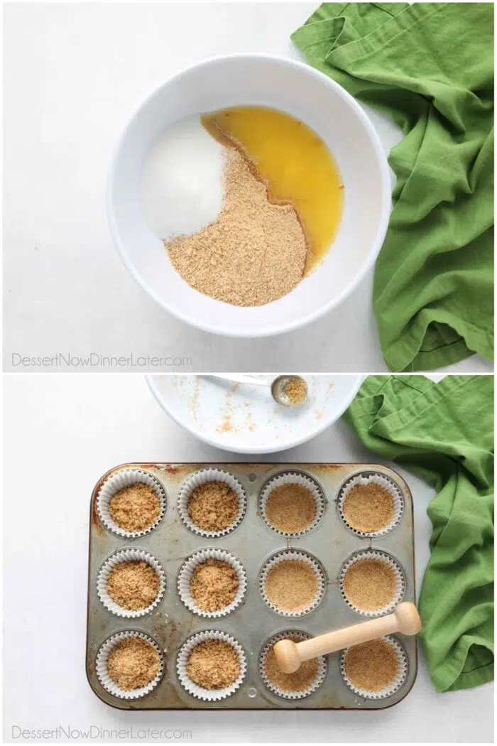 Collage image of steps to make graham cracker crust.