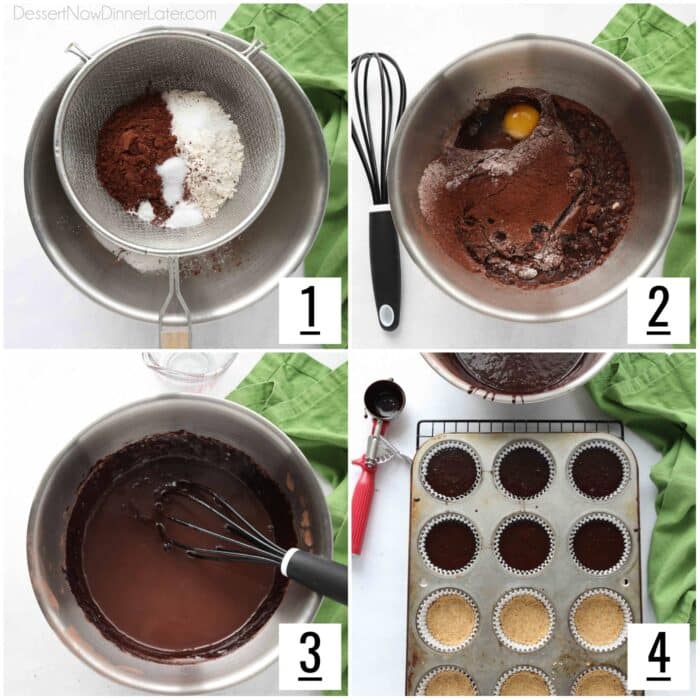 Collage image of steps to make chocolate cupcakes.