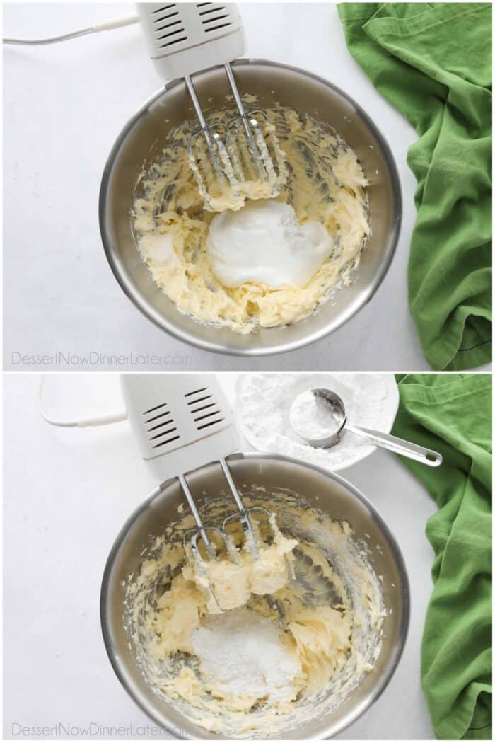 Collage image of steps to make marshmallow buttercream frosting.