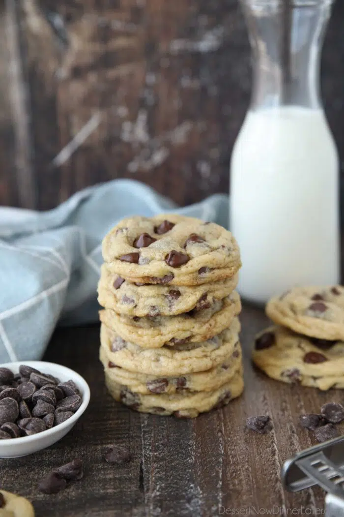A stack of the best chocolate chip cookies piled high.
