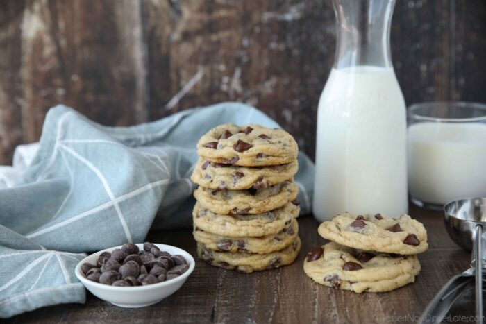 Stack of chocolate chip cookies and a glass of milk.