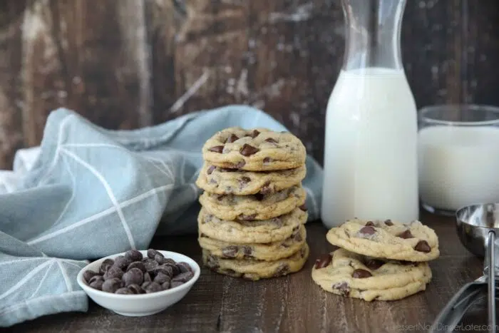 Stack of chocolate chip cookies and a glass of milk.
